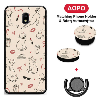 Minimal Cat and Fashion Doodles on Cream - Samsung Galaxy J5 2017 θήκη + Δώρο Phone Holder & Βάση Αυτοκινήτου