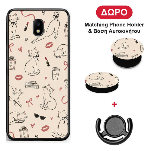 Minimal Cat and Fashion Doodles on Cream - Samsung Galaxy J5 2017 θήκη + Δώρο Phone Holder & Βάση Αυτοκινήτου