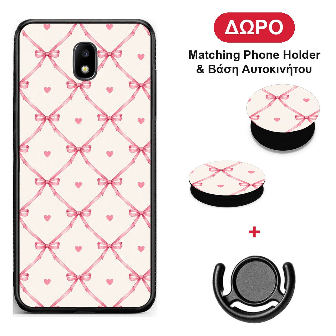 Pink Bow Lattice and Hearts on Cream - Samsung Galaxy J5 2017 θήκη + Δώρο Phone Holder & Βάση Αυτοκινήτου