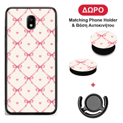 Pink Bow Lattice and Hearts on Cream - Samsung Galaxy J5 2017 θήκη + Δώρο Phone Holder & Βάση Αυτοκινήτου