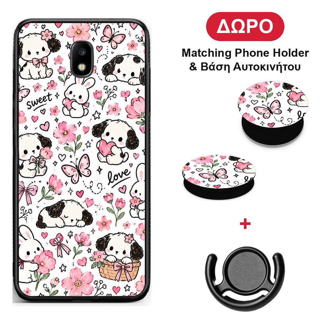 Pink Florals Puppies and Bunnies on White - Samsung Galaxy J5 2017 θήκη + Δώρο Phone Holder & Βάση Αυτοκινήτου
