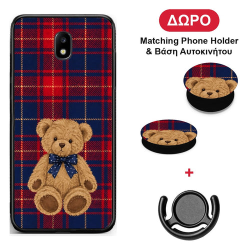 Teddy Bear on Red and Navy Tartan - Samsung Galaxy J5 2017 θήκη + Δώρο Phone Holder & Βάση Αυτοκινήτου
