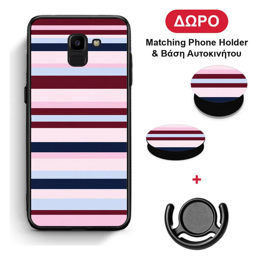 Burgundy Pink and Blue Horizontal Stripes - Samsung Galaxy J6 θήκη + Δώρο Phone Holder & Βάση Αυτοκινήτου