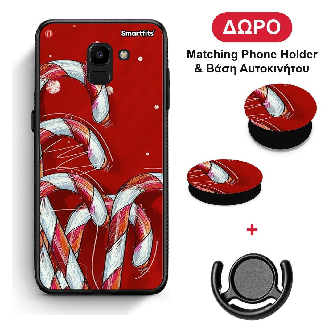 Candy Cane - Samsung Galaxy J6 θήκη + Δώρο Phone Holder & Βάση Αυτοκινήτου