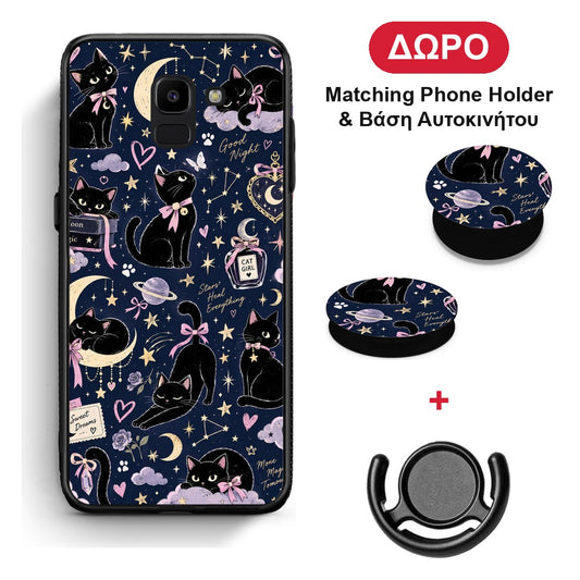 Celestial Black Cats on Navy - Samsung Galaxy J6 θήκη + Δώρο Phone Holder & Βάση Αυτοκινήτου