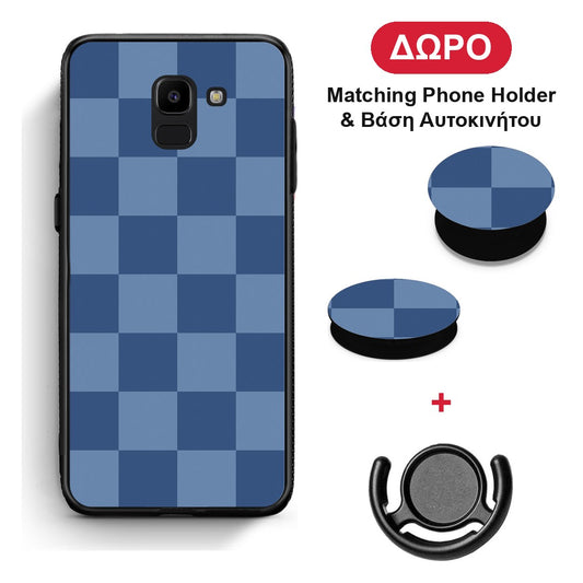 Denim Blue Checkerboard - Samsung Galaxy J6 θήκη + Δώρο Phone Holder & Βάση Αυτοκινήτου