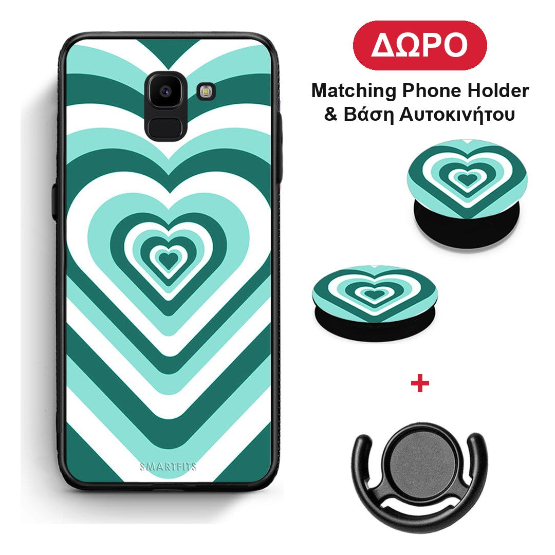 Green Hearts - Samsung Galaxy J6 θήκη + Δώρο Phone Holder & Βάση Αυτοκινήτου