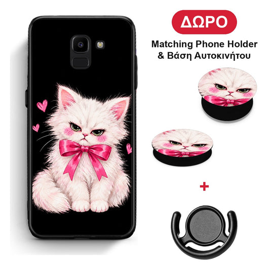 Grumpy Party Kitten on Black - Samsung Galaxy J6 θήκη + Δώρο Phone Holder & Βάση Αυτοκινήτου