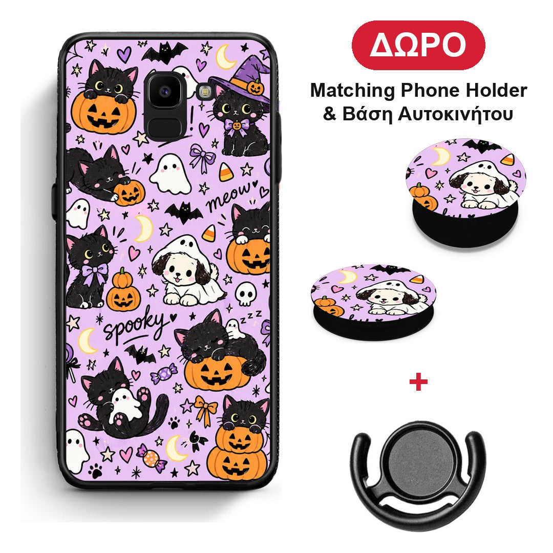 Halloween Black Cats on Lilac - Samsung Galaxy J6 θήκη + Δώρο Phone Holder & Βάση Αυτοκινήτου