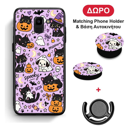 Halloween Black Cats on Lilac - Samsung Galaxy J6 θήκη + Δώρο Phone Holder & Βάση Αυτοκινήτου