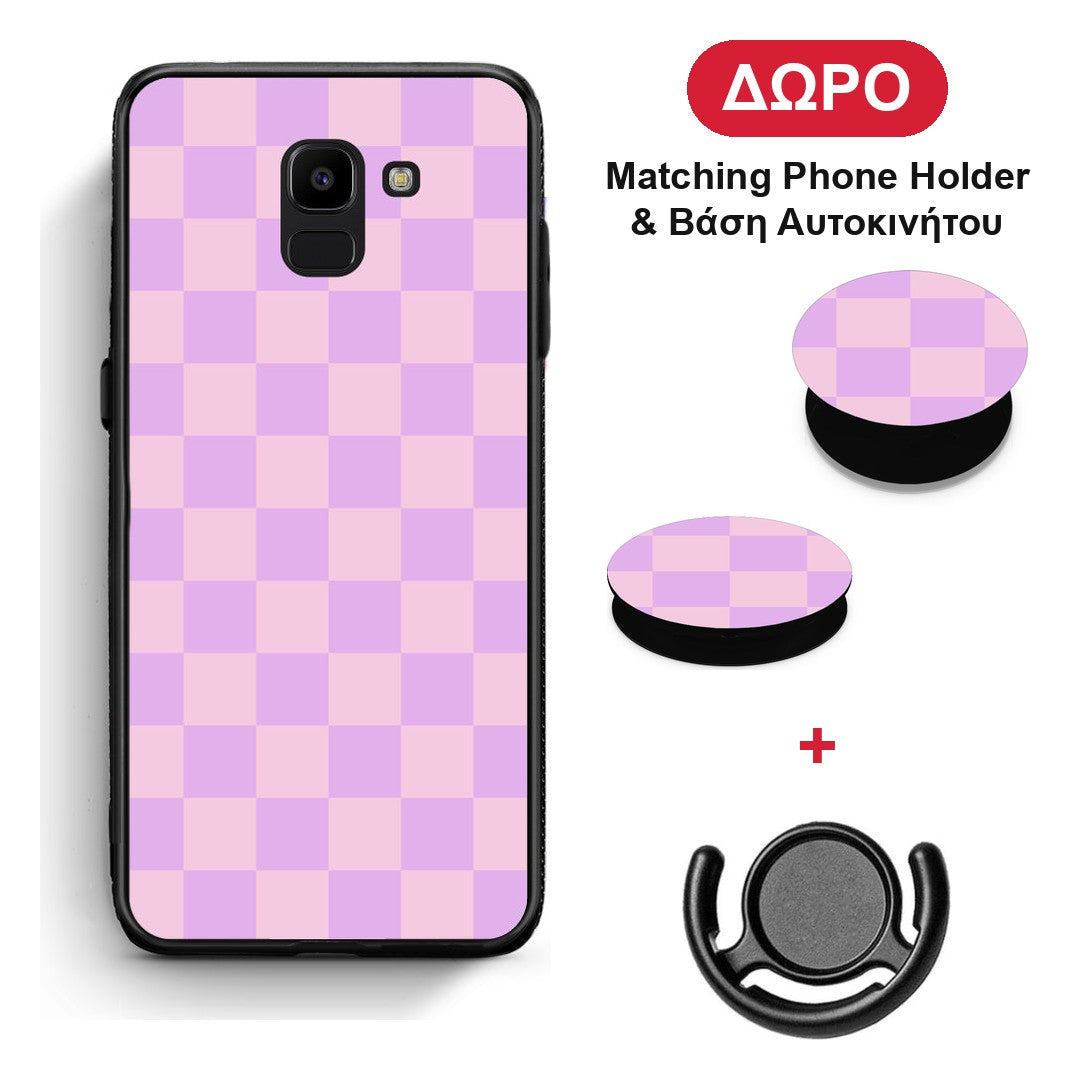 Lavender and Pink Checkerboard - Samsung Galaxy J6 θήκη + Δώρο Phone Holder & Βάση Αυτοκινήτου