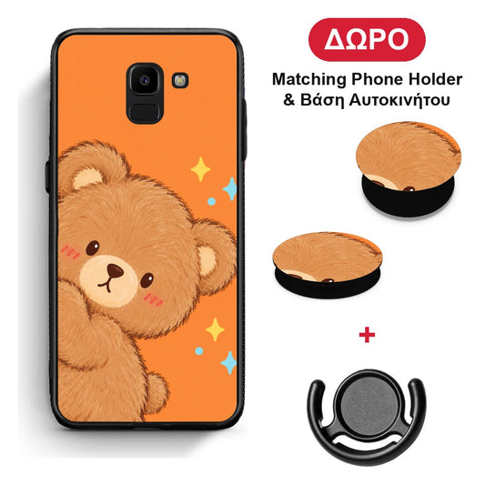 Peekaboo Teddy on Orange - Samsung Galaxy J6 θήκη + Δώρο Phone Holder & Βάση Αυτοκινήτου