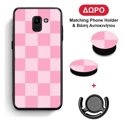 Pink and White Striped Checks - Samsung Galaxy J6 θήκη + Δώρο Phone Holder & Βάση Αυτοκινήτου