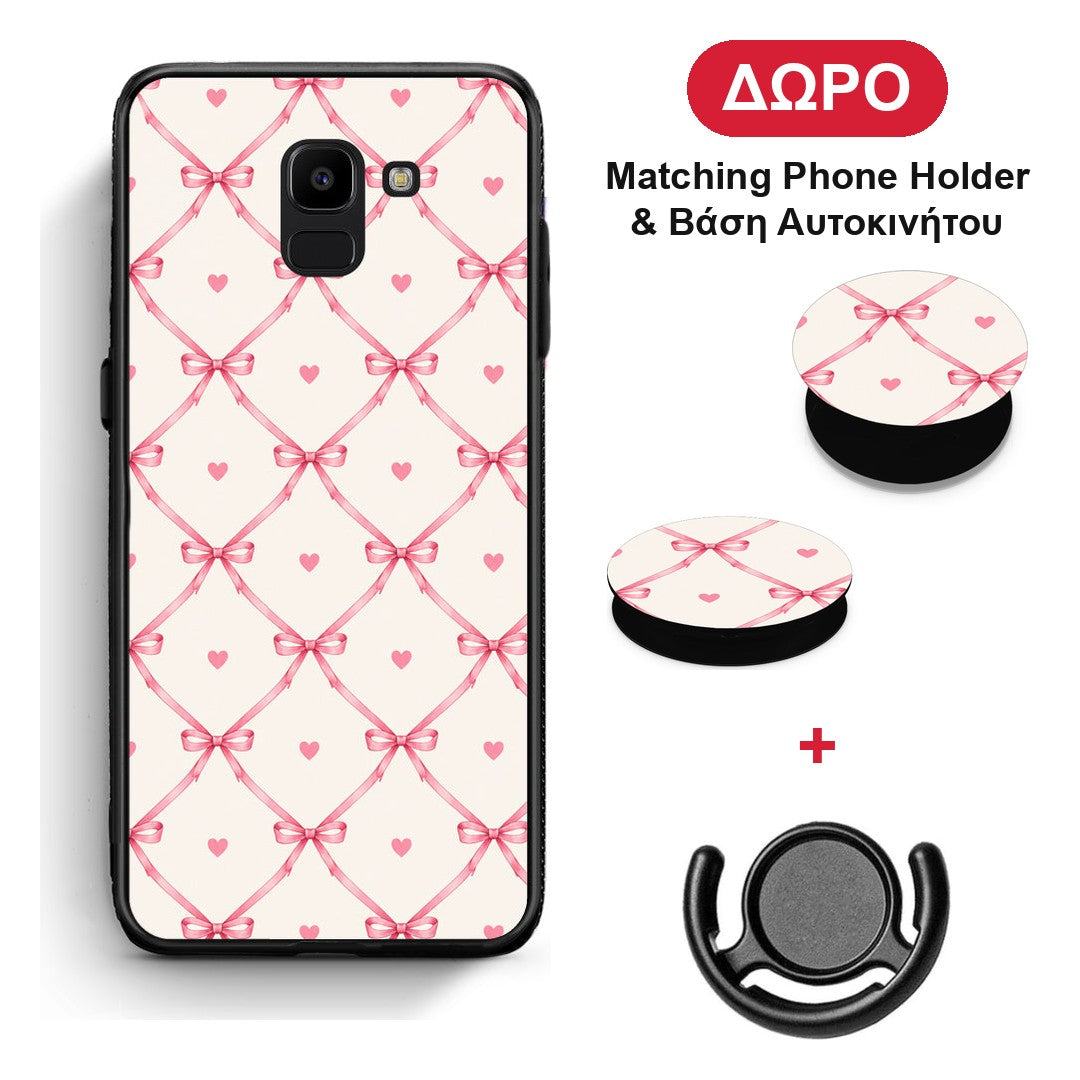 Pink Bow Lattice and Hearts on Cream - Samsung Galaxy J6 θήκη + Δώρο Phone Holder & Βάση Αυτοκινήτου