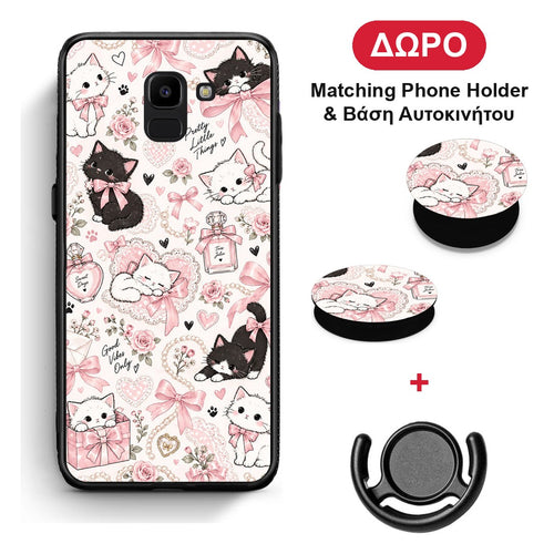 Pink Bows and Kittens Collage - Samsung Galaxy J6 θήκη + Δώρο Phone Holder & Βάση Αυτοκινήτου