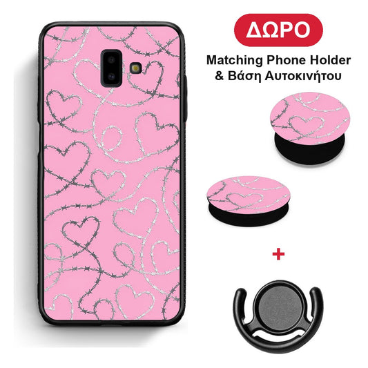 Barbed Wire Hearts on Pink - Samsung Galaxy J6+ θήκη + Δώρο Phone Holder & Βάση Αυτοκινήτου
