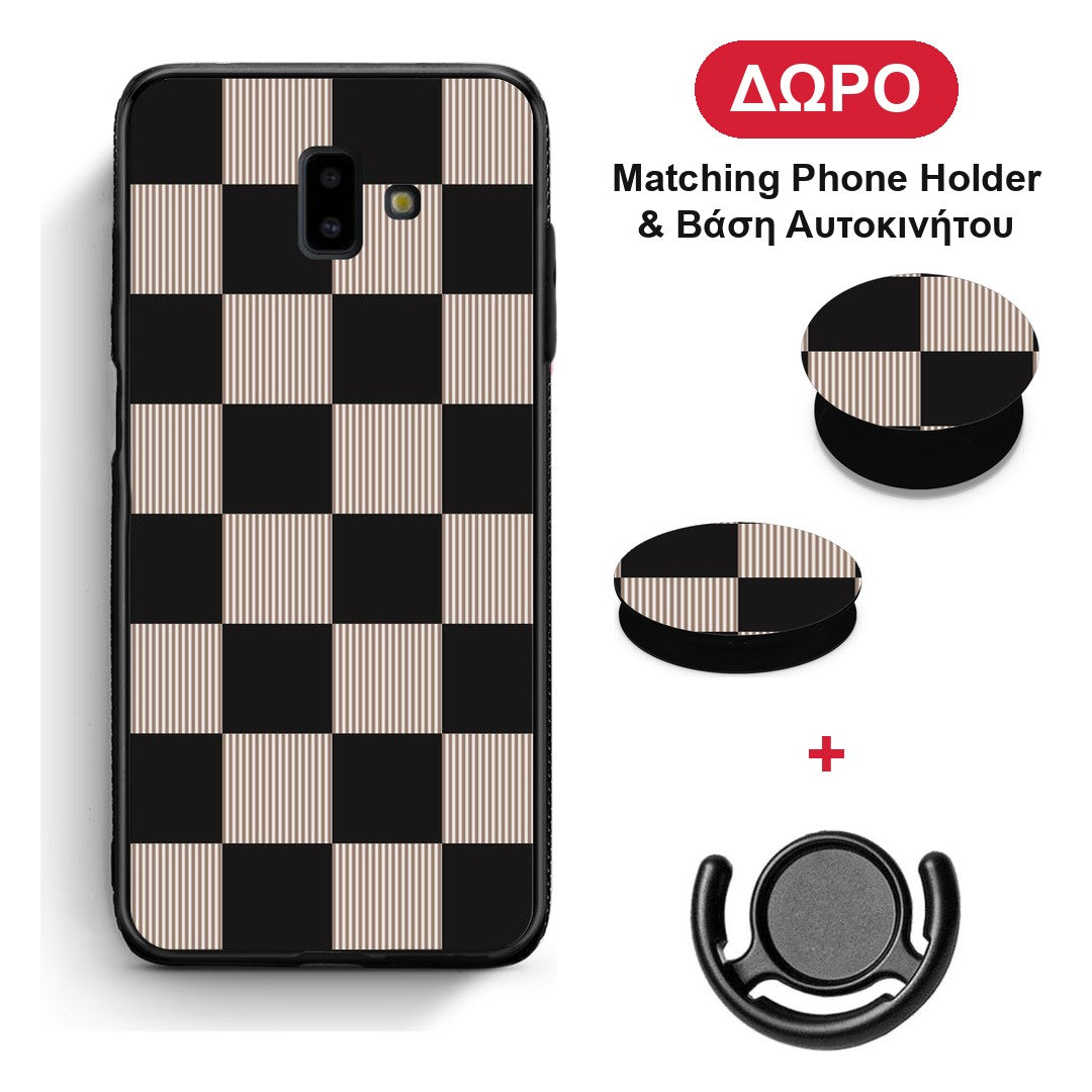 Black and Taupe Striped Checks - Samsung Galaxy J6+ θήκη + Δώρο Phone Holder & Βάση Αυτοκινήτου