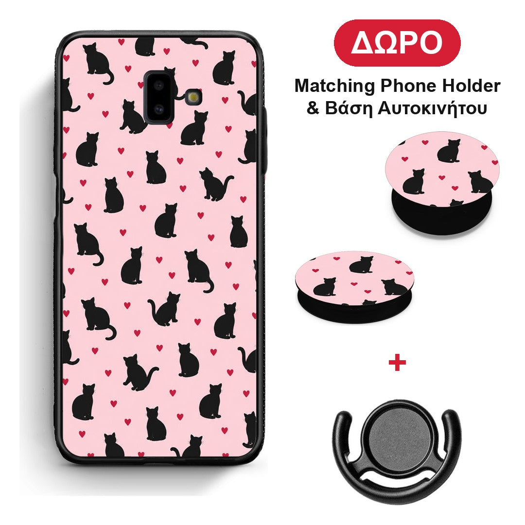 Black Cat Silhouettes and Hearts on Pink - Samsung Galaxy J6+ θήκη + Δώρο Phone Holder & Βάση Αυτοκινήτου