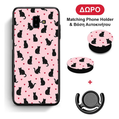 Black Cat Silhouettes and Hearts on Pink - Samsung Galaxy J6+ θήκη + Δώρο Phone Holder & Βάση Αυτοκινήτου