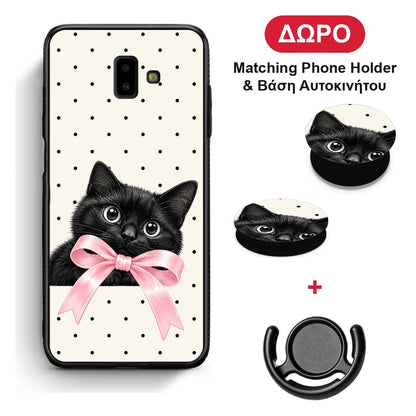 Black Kitten Pink Bow and Polka Dots - Samsung Galaxy J6+ θήκη + Δώρο Phone Holder & Βάση Αυτοκινήτου
