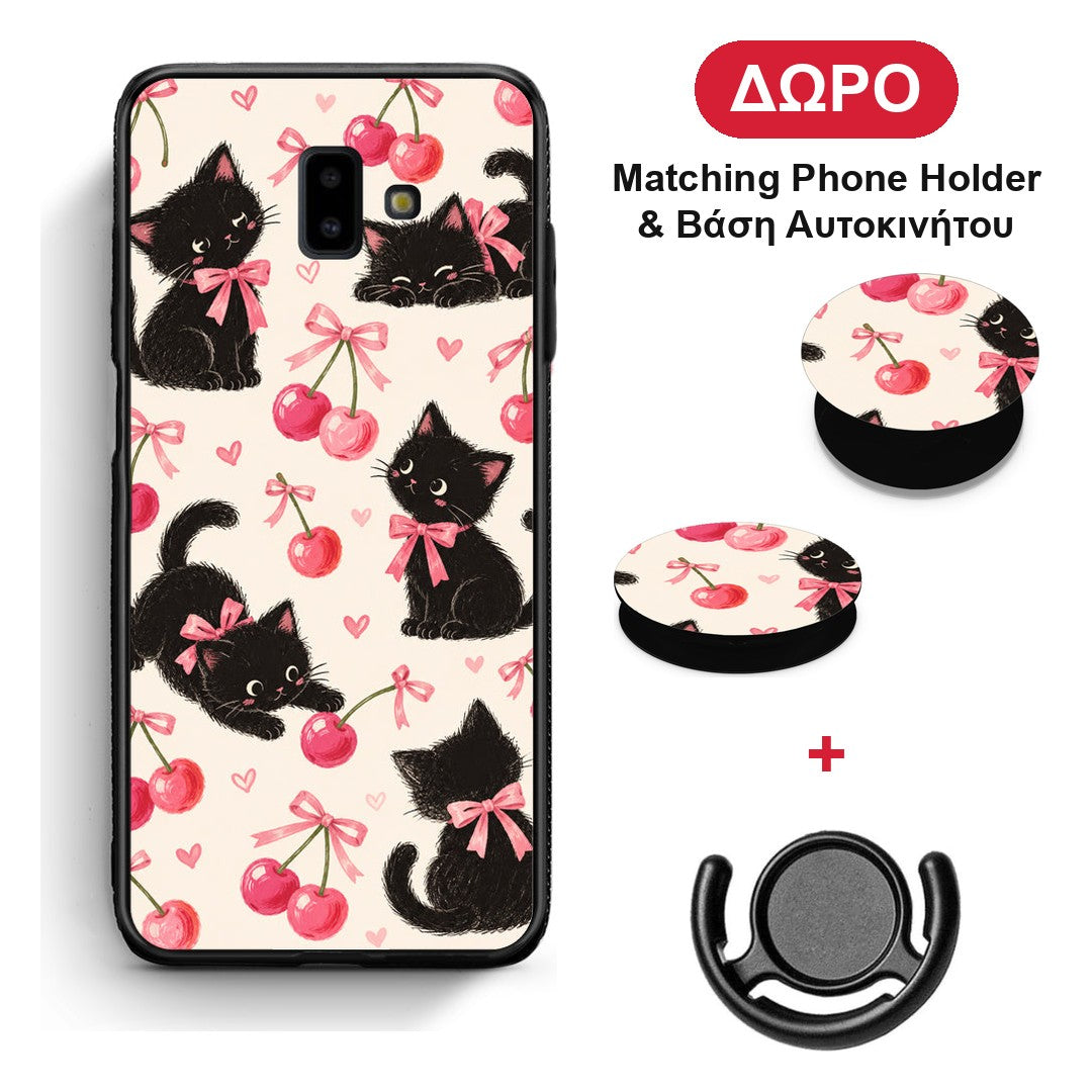 Black Kittens and Cherries on Cream - Samsung Galaxy J6+ θήκη + Δώρο Phone Holder & Βάση Αυτοκινήτου