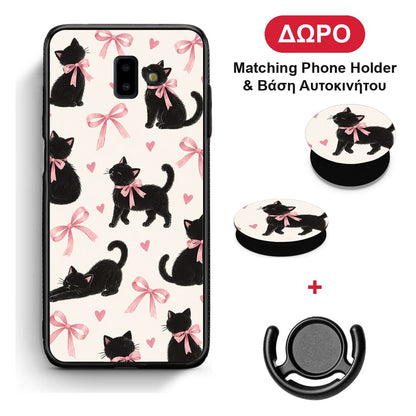 Black Kittens and Pink Bows on Cream Large - Samsung Galaxy J6+ θήκη + Δώρο Phone Holder & Βάση Αυτοκινήτου