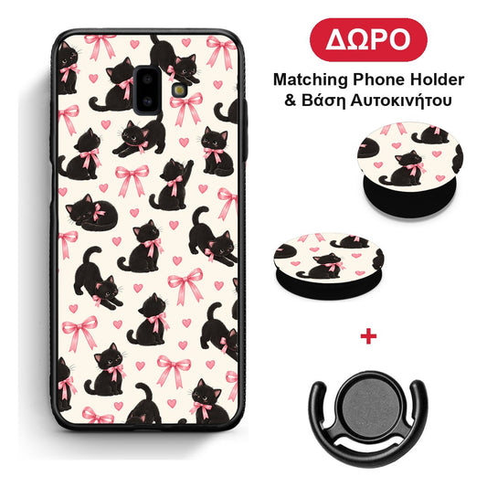 Black Kittens and Pink Bows on Cream Small - Samsung Galaxy J6+ θήκη + Δώρο Phone Holder & Βάση Αυτοκινήτου