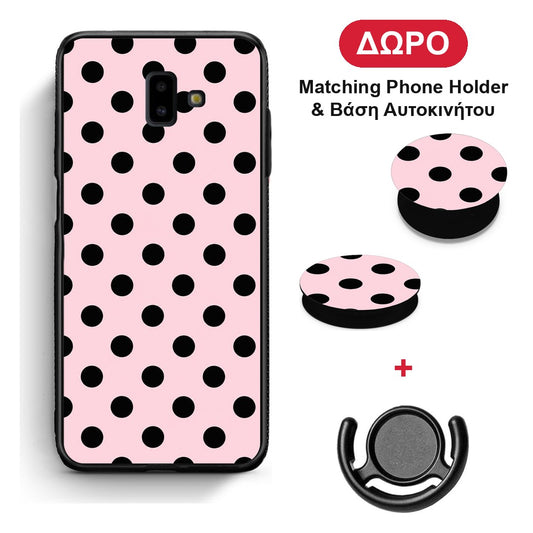 Black Polka Dots on Pink - Samsung Galaxy J6+ θήκη + Δώρο Phone Holder & Βάση Αυτοκινήτου