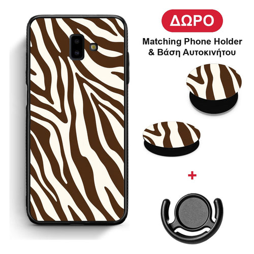 Brown and Cream Zebra Stripes - Samsung Galaxy J6+ θήκη + Δώρο Phone Holder & Βάση Αυτοκινήτου
