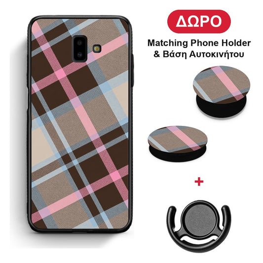 Brown Pink and Blue Diagonal Plaid - Samsung Galaxy J6+ θήκη + Δώρο Phone Holder & Βάση Αυτοκινήτου