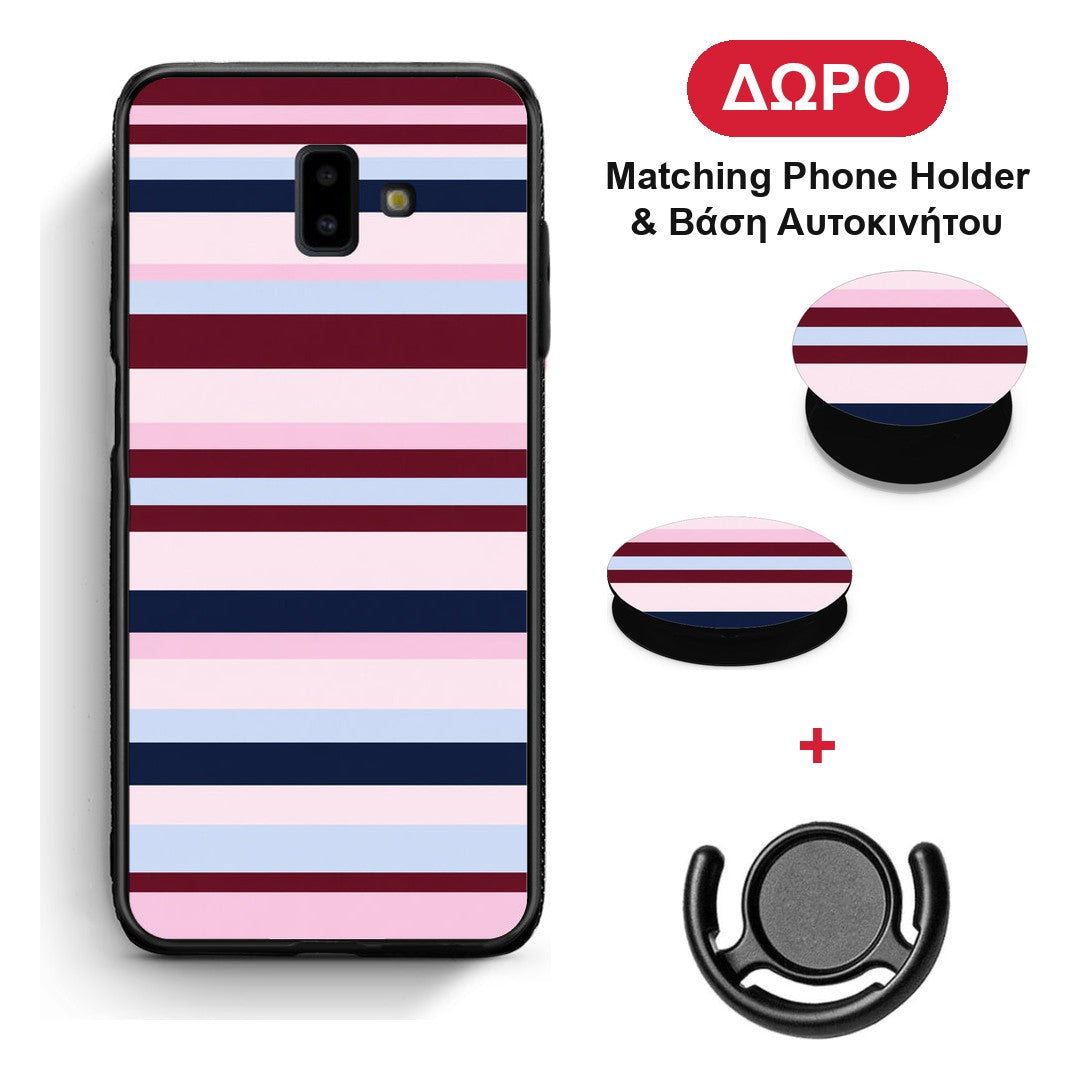 Burgundy Pink and Blue Horizontal Stripes - Samsung Galaxy J6+ θήκη + Δώρο Phone Holder & Βάση Αυτοκινήτου