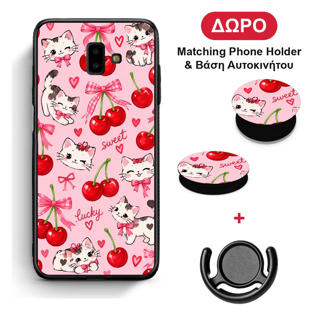 Cherries Bows and Kittens on Pink - Samsung Galaxy J6+ θήκη + Δώρο Phone Holder & Βάση Αυτοκινήτου