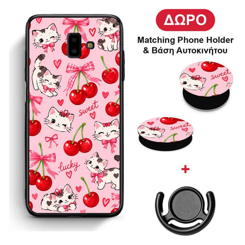 Cherries Bows and Kittens on Pink - Samsung Galaxy J6+ θήκη + Δώρο Phone Holder & Βάση Αυτοκινήτου