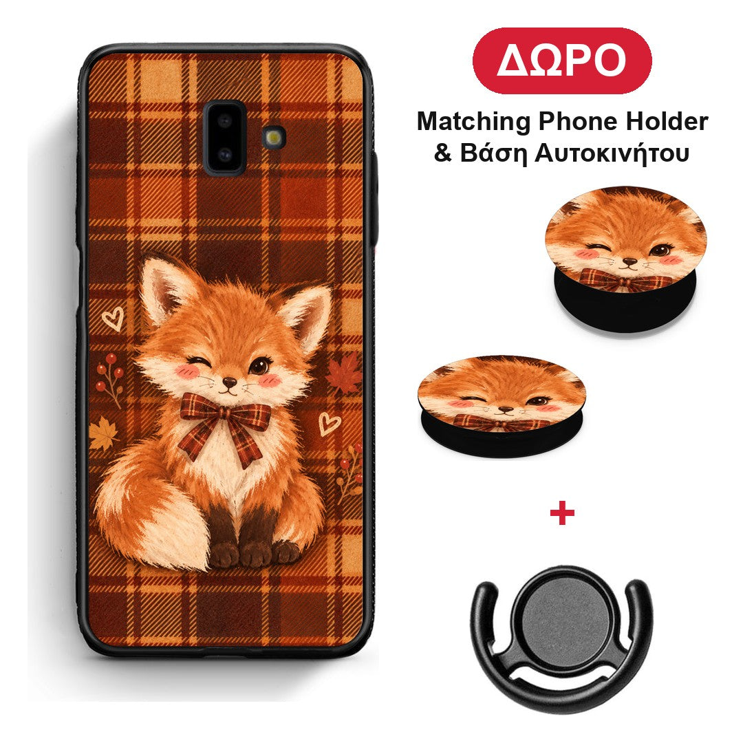 Fox on Autumn Tartan - Samsung Galaxy J6+ θήκη + Δώρο Phone Holder & Βάση Αυτοκινήτου