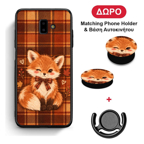 Fox on Autumn Tartan - Samsung Galaxy J6+ θήκη + Δώρο Phone Holder & Βάση Αυτοκινήτου