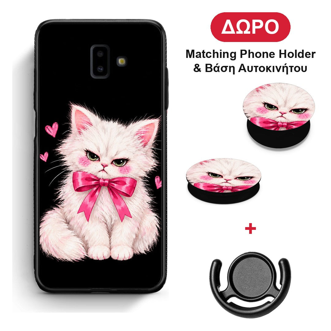 Grumpy Party Kitten on Black - Samsung Galaxy J6+ θήκη + Δώρο Phone Holder & Βάση Αυτοκινήτου