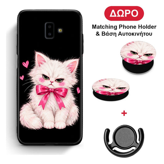 Grumpy Party Kitten on Black - Samsung Galaxy J6+ θήκη + Δώρο Phone Holder & Βάση Αυτοκινήτου