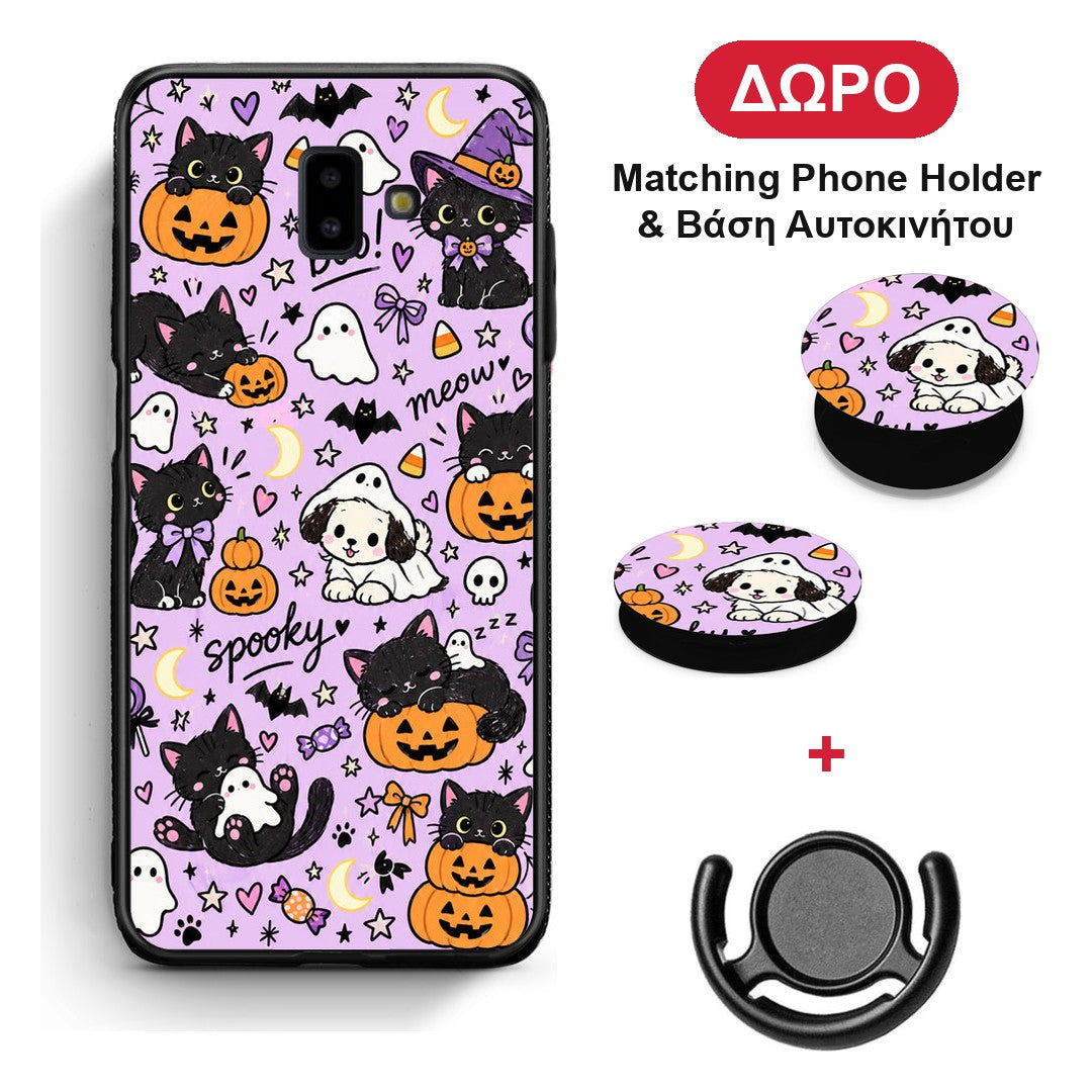 Halloween Black Cats on Lilac - Samsung Galaxy J6+ θήκη + Δώρο Phone Holder & Βάση Αυτοκινήτου