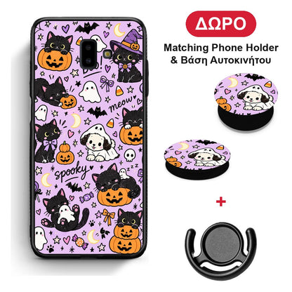 Halloween Black Cats on Lilac - Samsung Galaxy J6+ θήκη + Δώρο Phone Holder & Βάση Αυτοκινήτου
