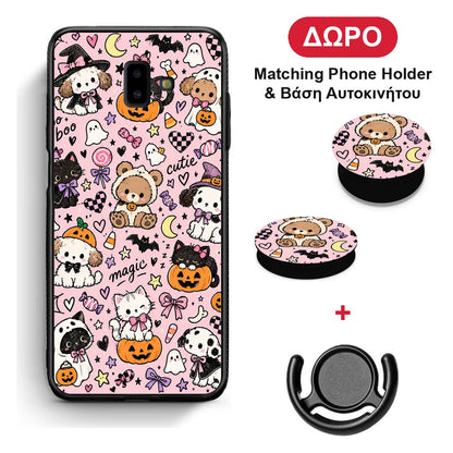 Halloween Cute Animals on Pink - Samsung Galaxy J6+ θήκη + Δώρο Phone Holder & Βάση Αυτοκινήτου