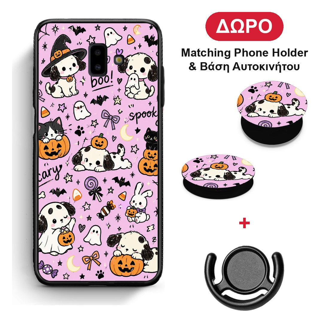Halloween Puppies and Friends on Lilac - Samsung Galaxy J6+ θήκη + Δώρο Phone Holder & Βάση Αυτοκινήτου