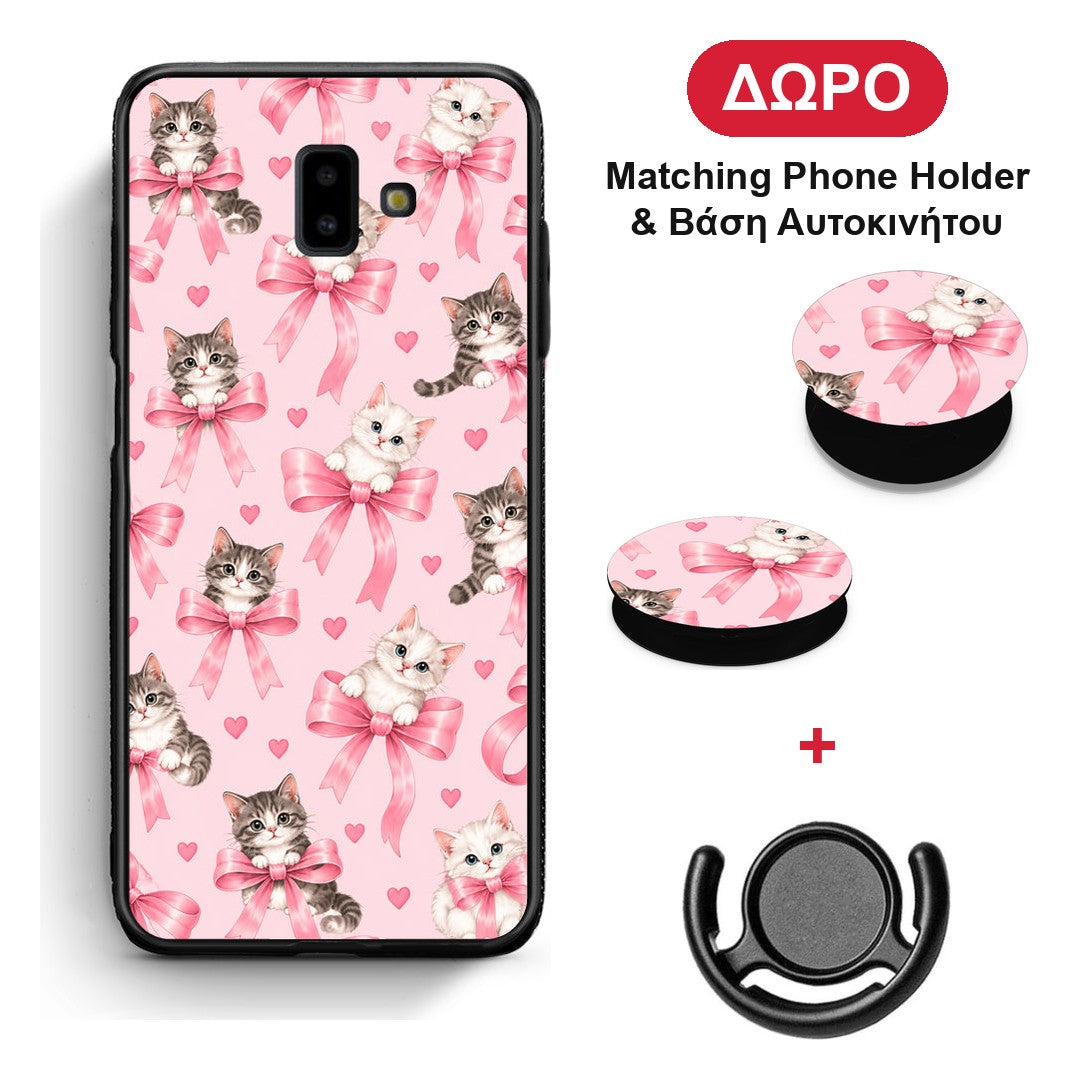 Kittens and Pink Bows on Pink - Samsung Galaxy J6+ θήκη + Δώρο Phone Holder & Βάση Αυτοκινήτου