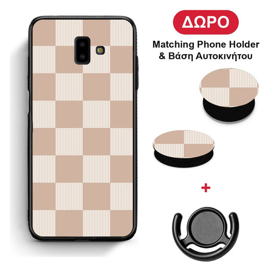 Latte and Cream Striped Checks - Samsung Galaxy J6+ θήκη + Δώρο Phone Holder & Βάση Αυτοκινήτου
