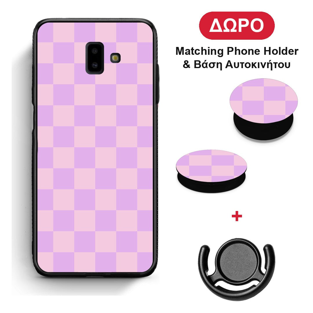 Lavender and Pink Checkerboard - Samsung Galaxy J6+ θήκη + Δώρο Phone Holder & Βάση Αυτοκινήτου