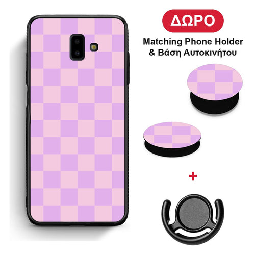 Lavender and Pink Checkerboard - Samsung Galaxy J6+ θήκη + Δώρο Phone Holder & Βάση Αυτοκινήτου