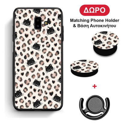 Leopard Spots and Black Cats on Cream - Samsung Galaxy J6+ θήκη + Δώρο Phone Holder & Βάση Αυτοκινήτου