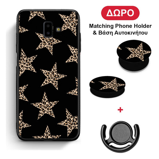 Leopard Stars on Black - Samsung Galaxy J6+ θήκη + Δώρο Phone Holder & Βάση Αυτοκινήτου