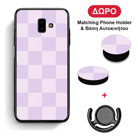 Lilac and Cream Striped Checks - Samsung Galaxy J6+ θήκη + Δώρο Phone Holder & Βάση Αυτοκινήτου
