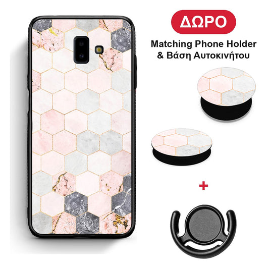 Marble Hexagon Pink - Samsung Galaxy J6+ θήκη + Δώρο Phone Holder & Βάση Αυτοκινήτου