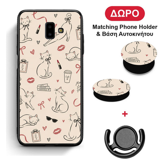 Minimal Cat and Fashion Doodles on Cream - Samsung Galaxy J6+ θήκη + Δώρο Phone Holder & Βάση Αυτοκινήτου